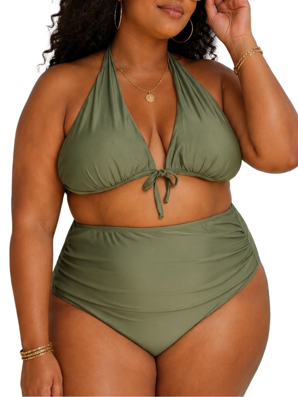 Olive Green Halter Bikini Set 3X High Waist Ruched Plus Size Swimwear